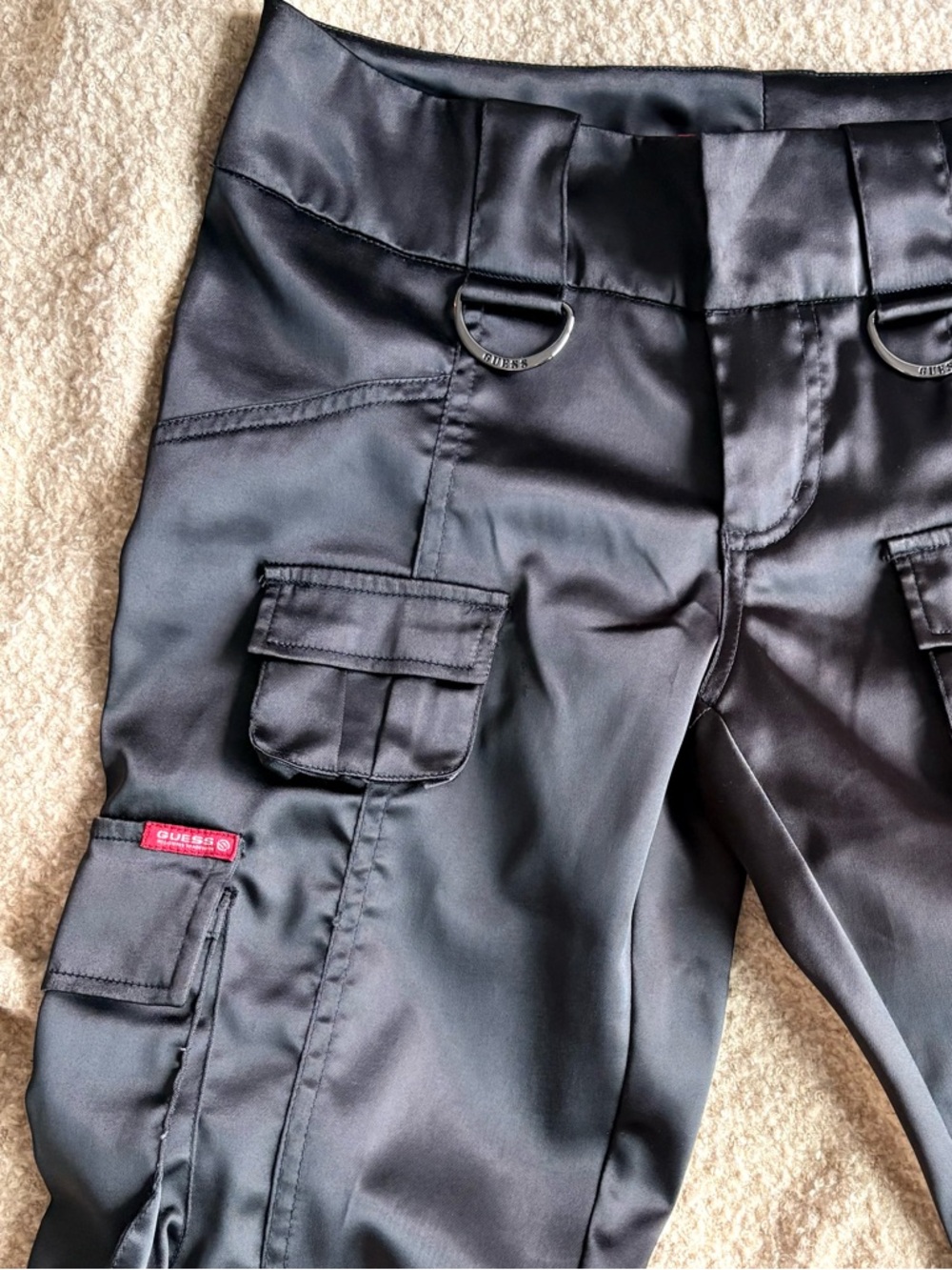 Vintage Guess Satin Flare Cargo Pants Low Rise Black 28 - Picture 2 of 8